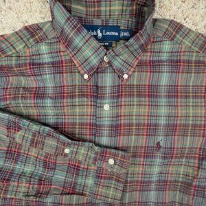 Ralph Lauren Button Up Shirt Cotton 16 Large Green Red Orange Plaid Classic Fit